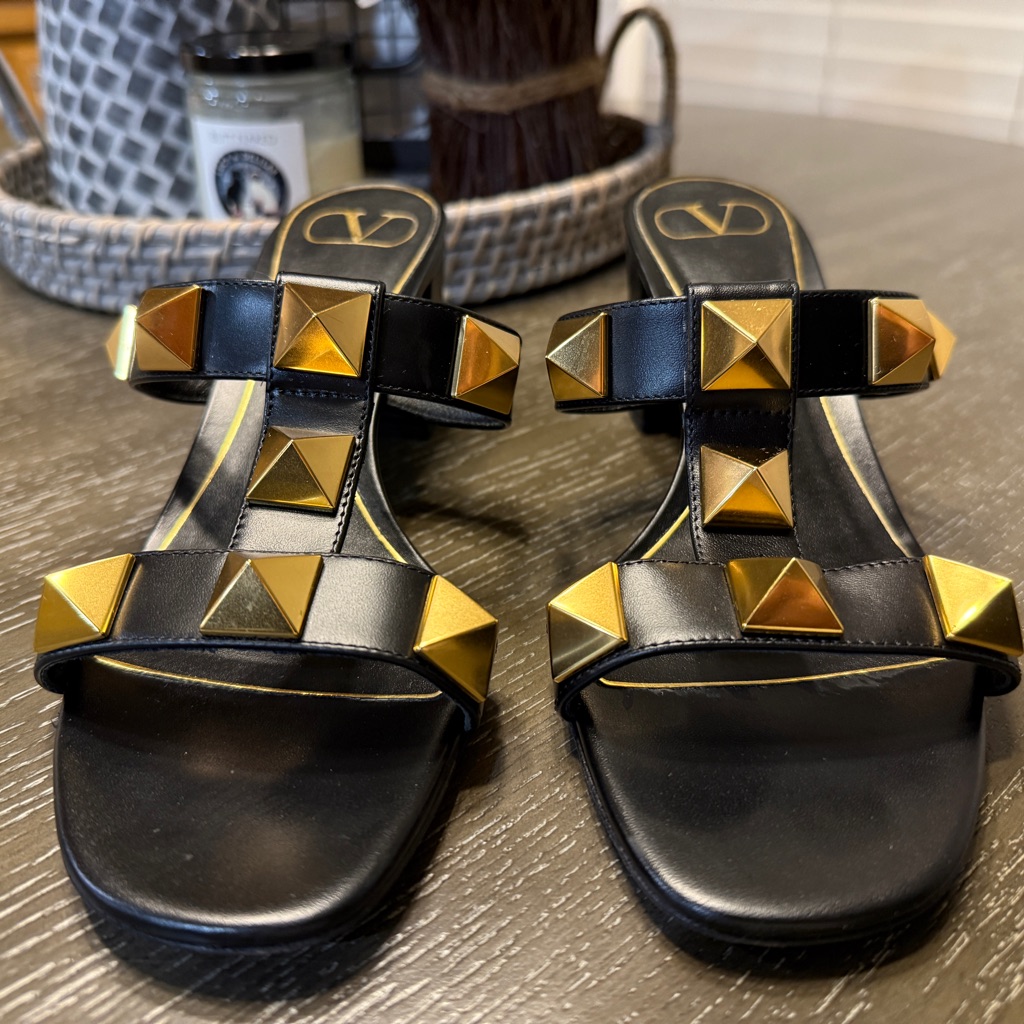 Valentino Black And Gold Pyramid Stud Sandals